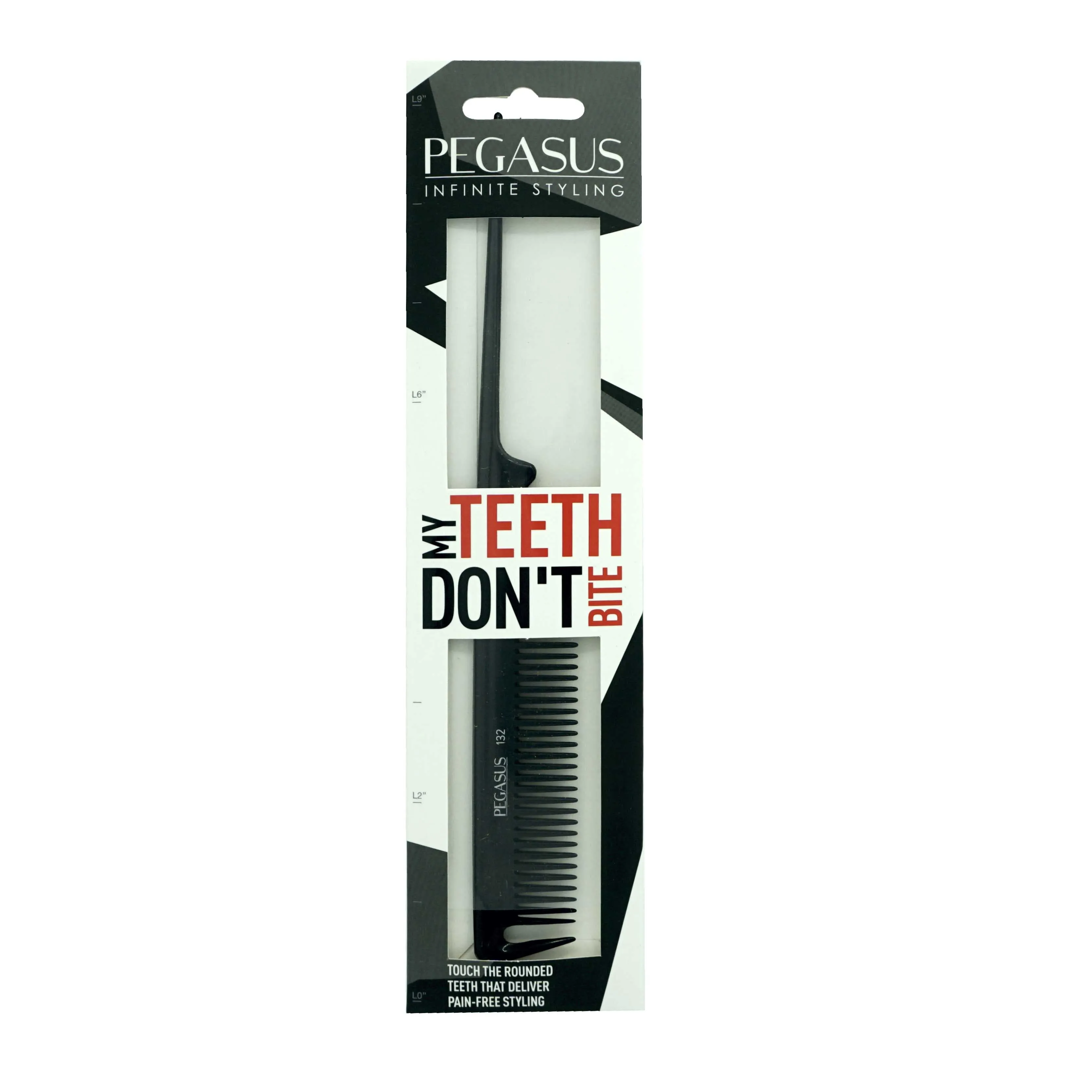 Pegasus 132, 8.5in Hard Rubber Course Tooth Rat Tail Comb with Sectioning, Smooth Edges, Anti Static, Heat and Chemically Resistant, Great for Parting, Coloring Hair | Peines de goma dura - Black