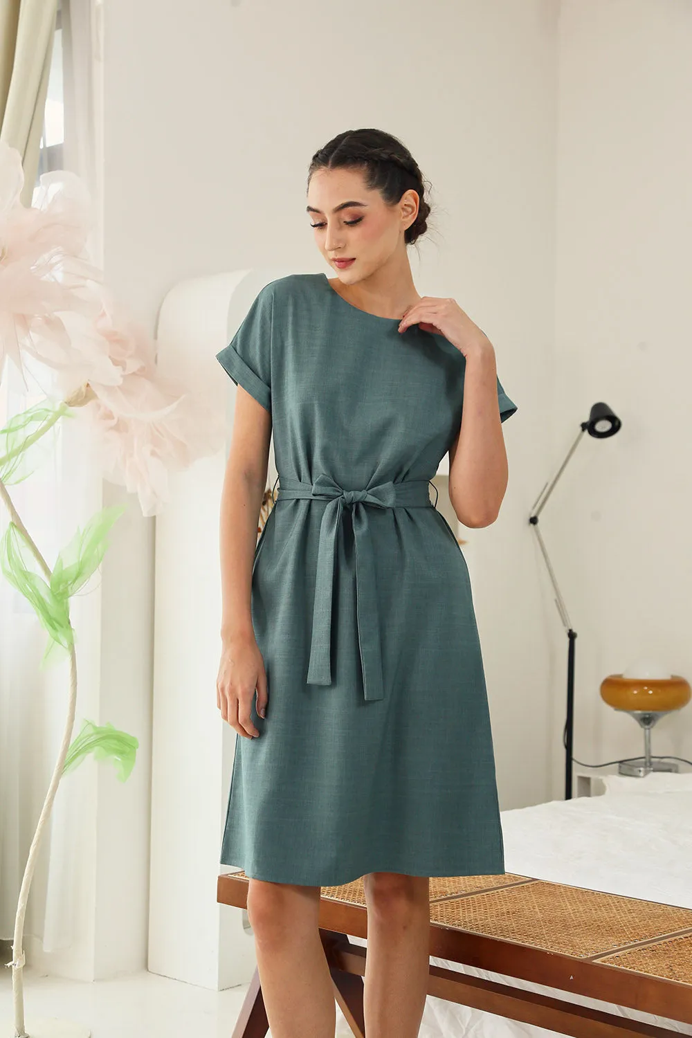 Serena Midi Dress in Deep Sage Texture