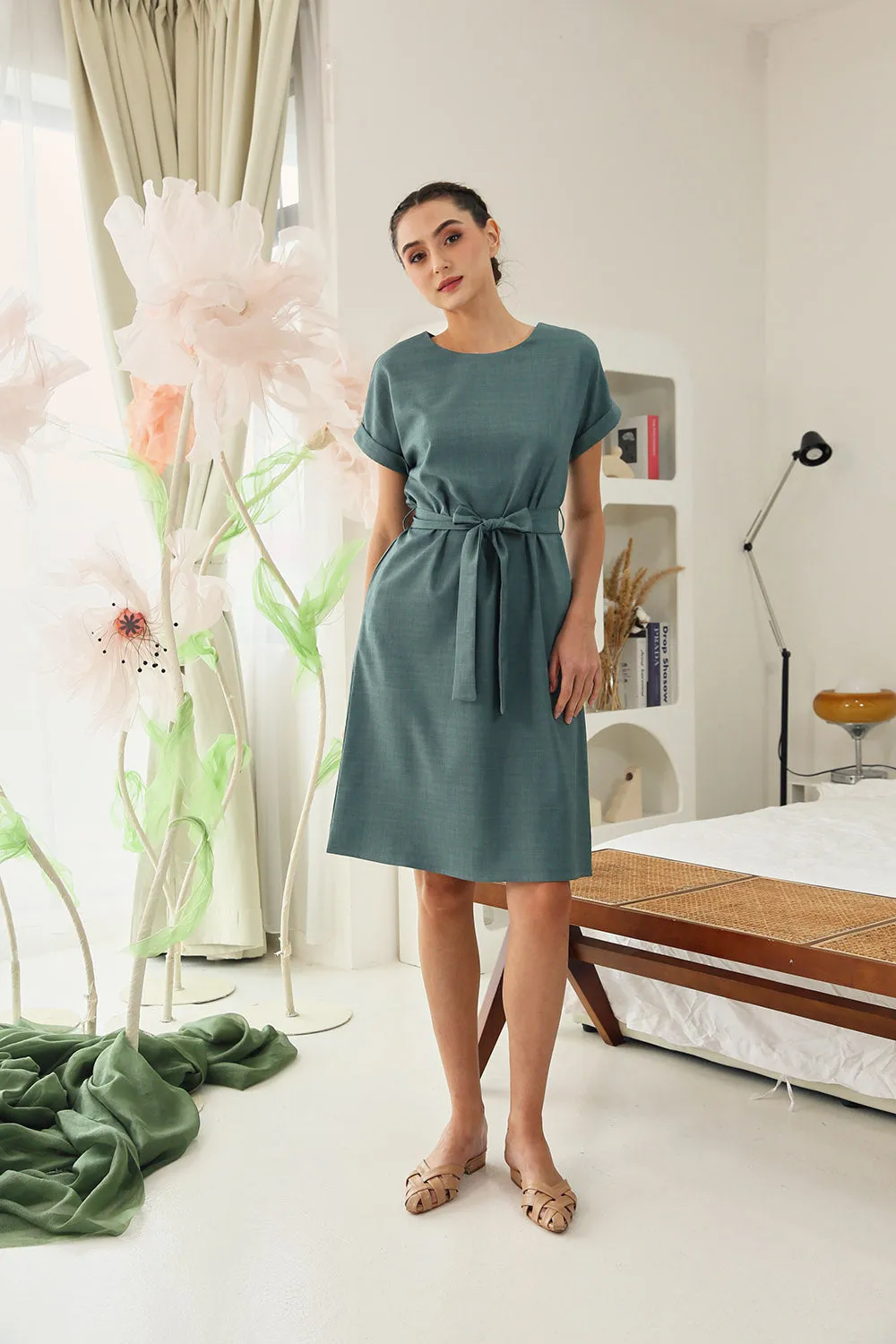 Serena Midi Dress in Deep Sage Texture