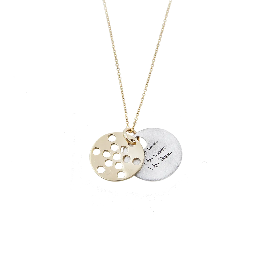SET - FRUIT OF LIFE NECKLACE 14K   I AM LOVE I AM LIGHT I AM PEACE BANGLE (SAVE $65)