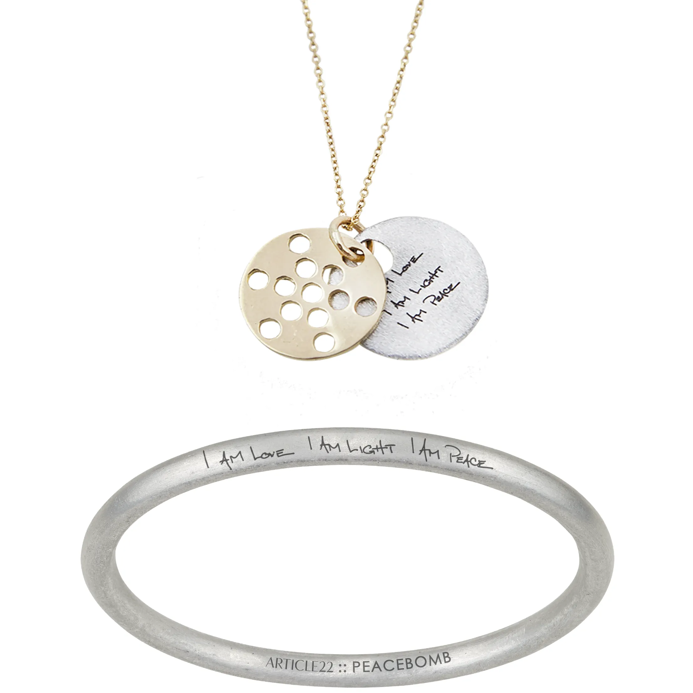 SET - FRUIT OF LIFE NECKLACE 14K   I AM LOVE I AM LIGHT I AM PEACE BANGLE (SAVE $65)