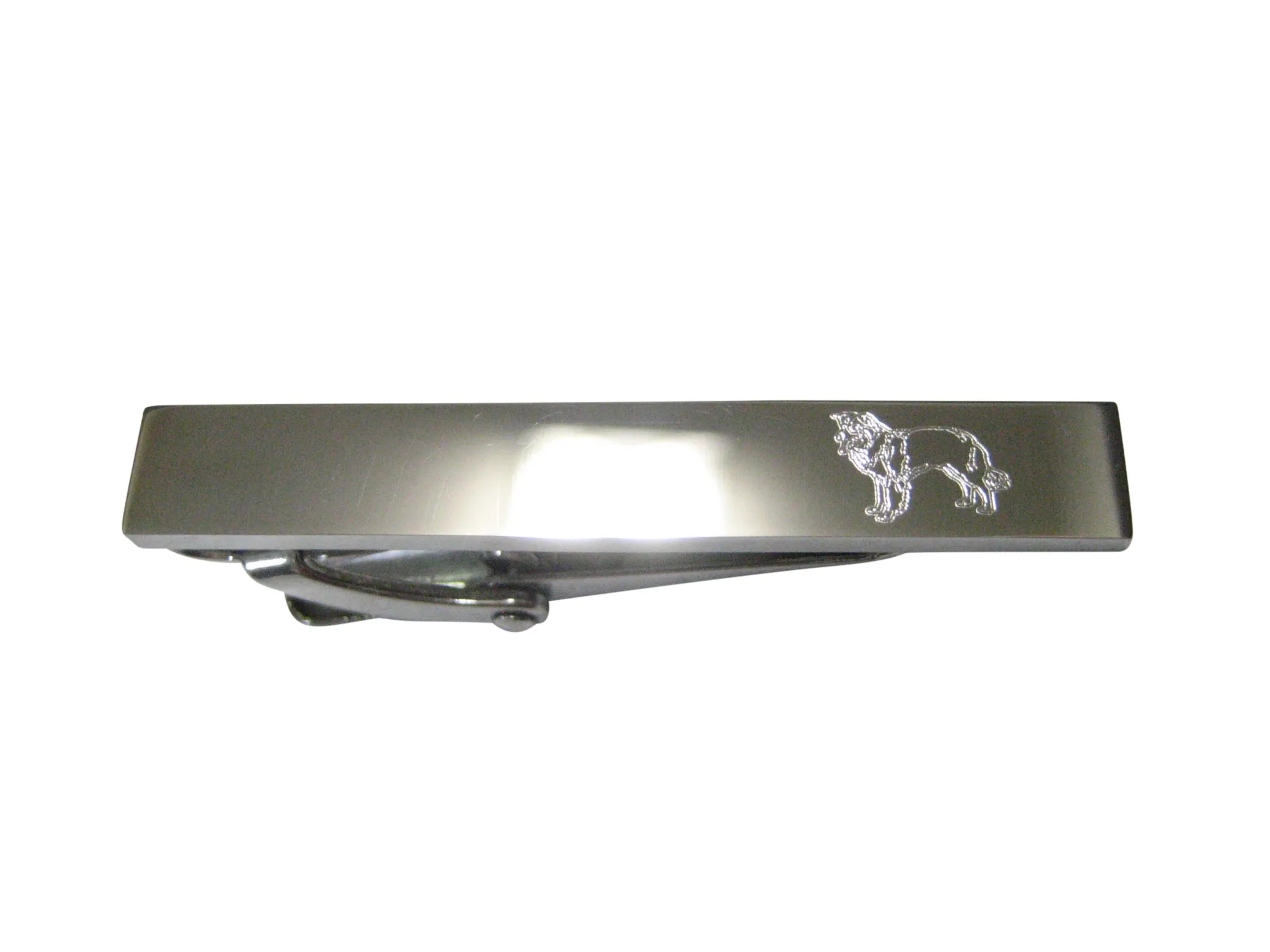 Silver Toned Etched Sleek Border Collie Dog Skinny Tie Clip