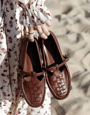 Soft Leather Woven T-strap Buckle Mary Jane Shoes