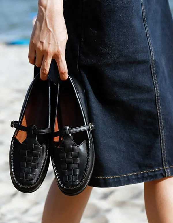 Soft Leather Woven T-strap Buckle Mary Jane Shoes