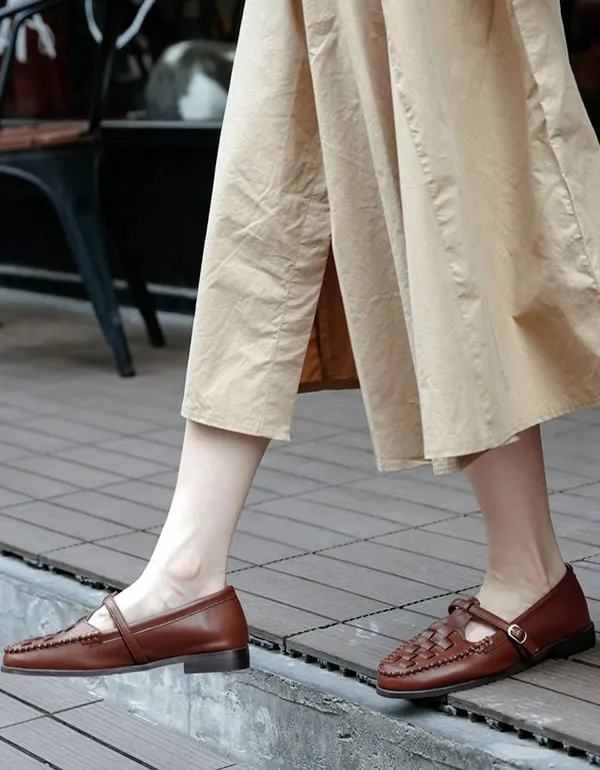 Soft Leather Woven T-strap Buckle Mary Jane Shoes