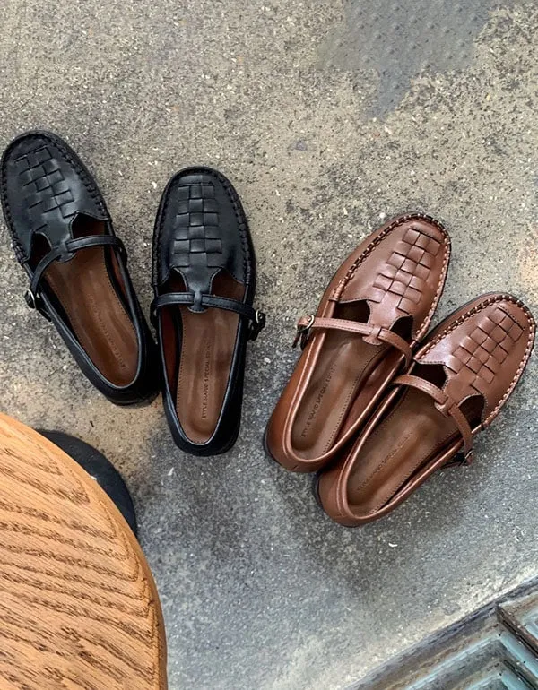 Soft Leather Woven T-strap Buckle Mary Jane Shoes