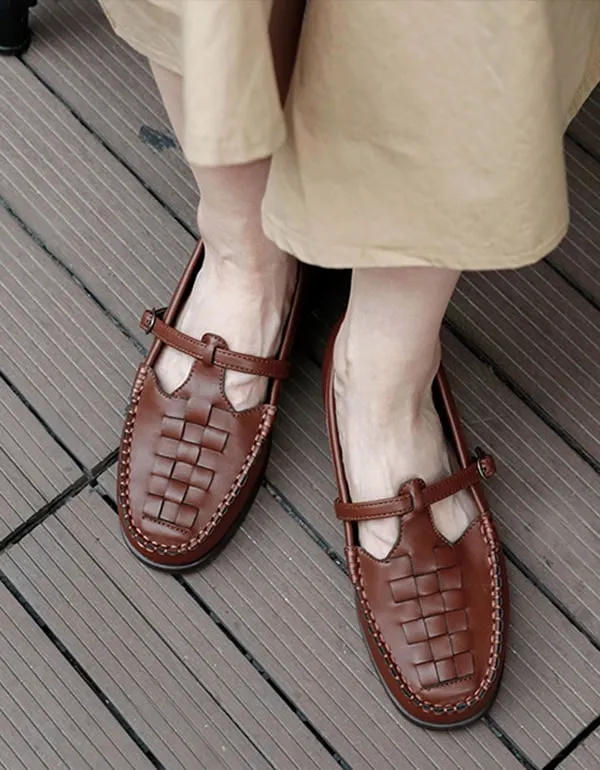 Soft Leather Woven T-strap Buckle Mary Jane Shoes