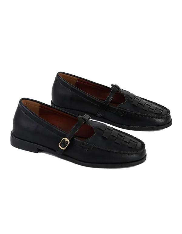 Soft Leather Woven T-strap Buckle Mary Jane Shoes