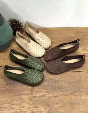 Spring Soft Leather Woven Light Weight Retro Flat Shoes