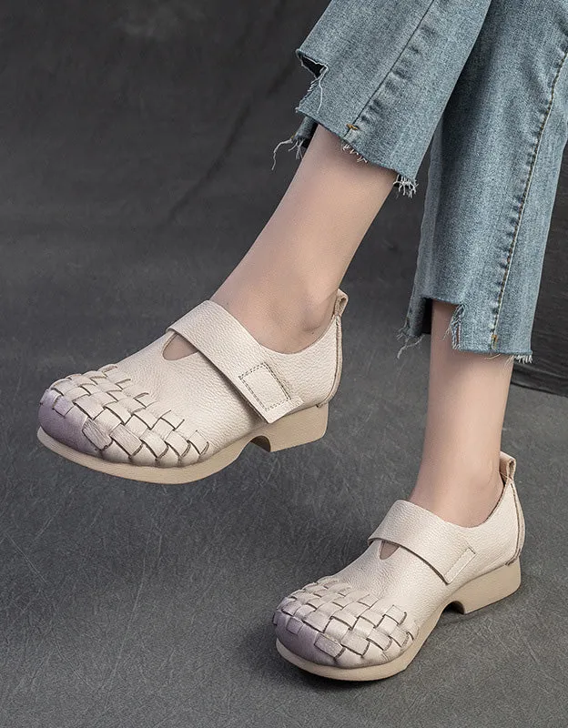 Spring Soft Leather Woven Wide Toe Box Flat Shoes