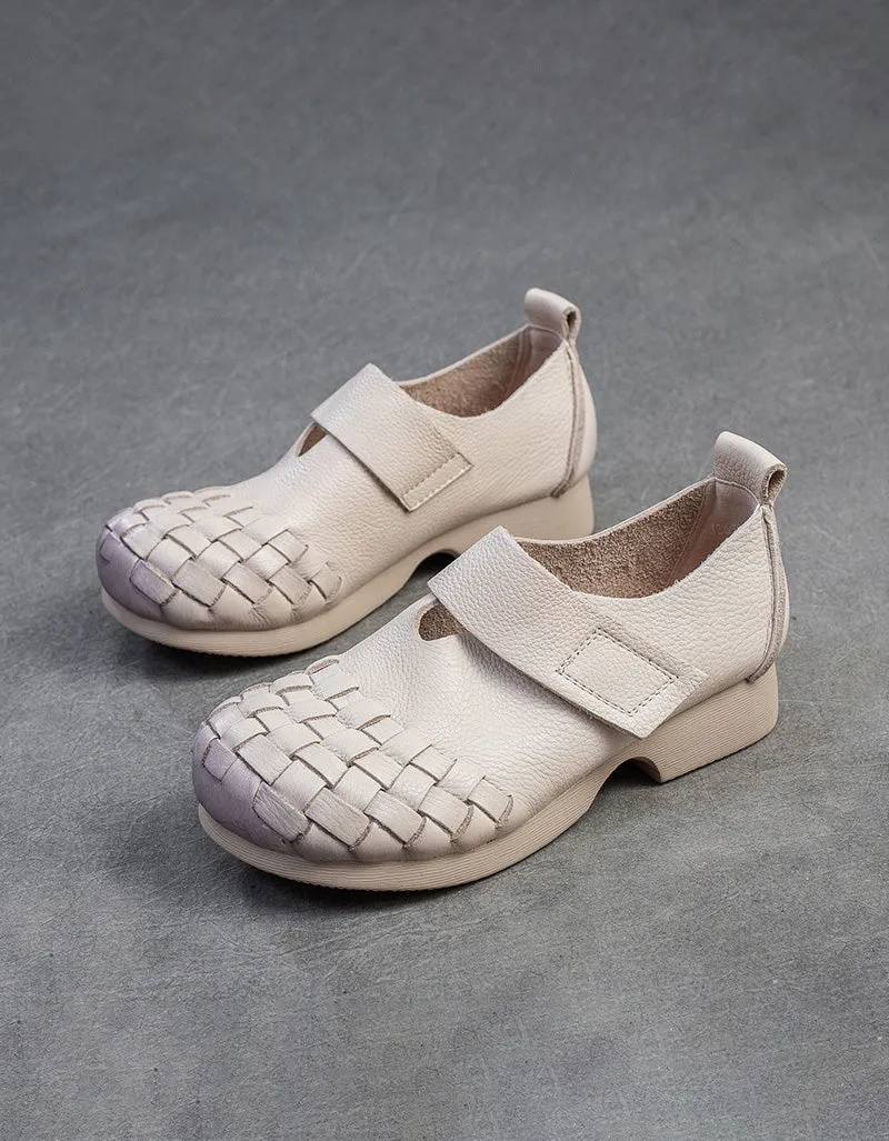 Spring Soft Leather Woven Wide Toe Box Flat Shoes