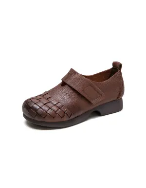 Spring Soft Leather Woven Wide Toe Box Flat Shoes