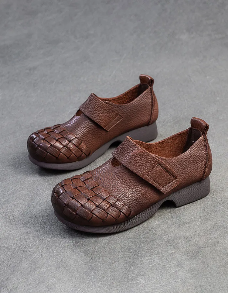 Spring Soft Leather Woven Wide Toe Box Flat Shoes