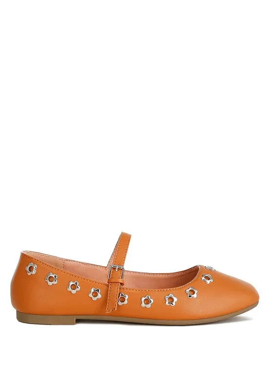 Tanzer Floral Eyelet Strapped Ballerinas - Vegan Leather, Black & Tan