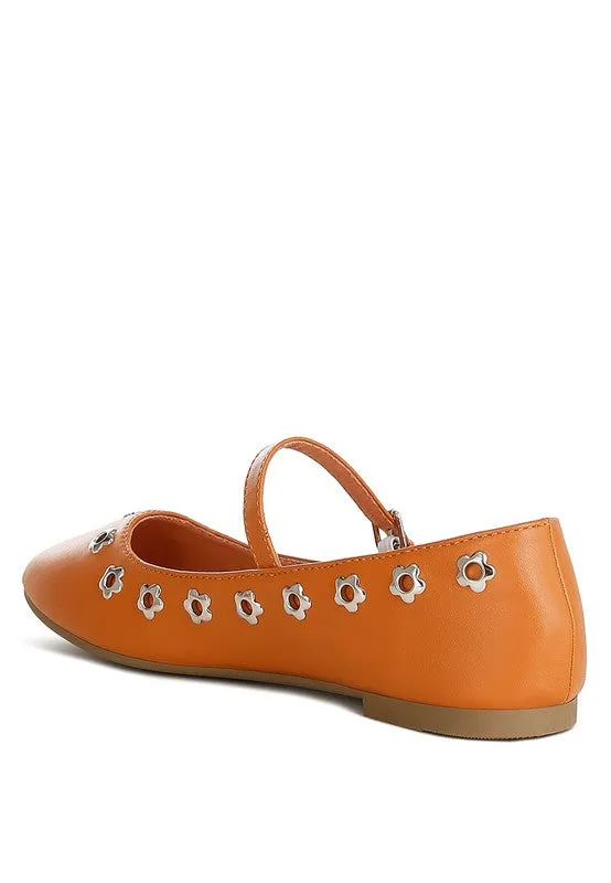 Tanzer Floral Eyelet Strapped Ballerinas - Vegan Leather, Black & Tan