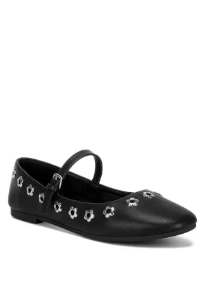 Tanzer Floral Eyelet Strapped Ballerinas - Vegan Leather, Black & Tan