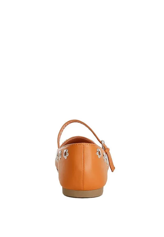 Tanzer Floral Eyelet Strapped Ballerinas - Vegan Leather, Black & Tan
