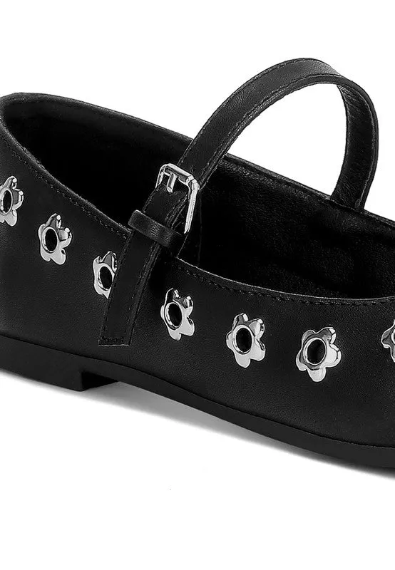 Tanzer Floral Eyelet Strapped Ballerinas - Vegan Leather, Black & Tan