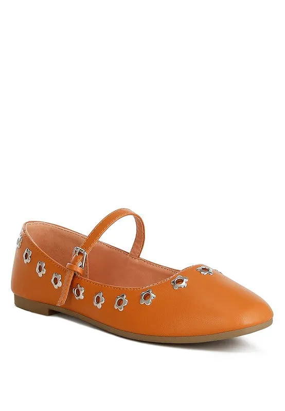 Tanzer Floral Eyelet Strapped Ballerinas - Vegan Leather, Black & Tan