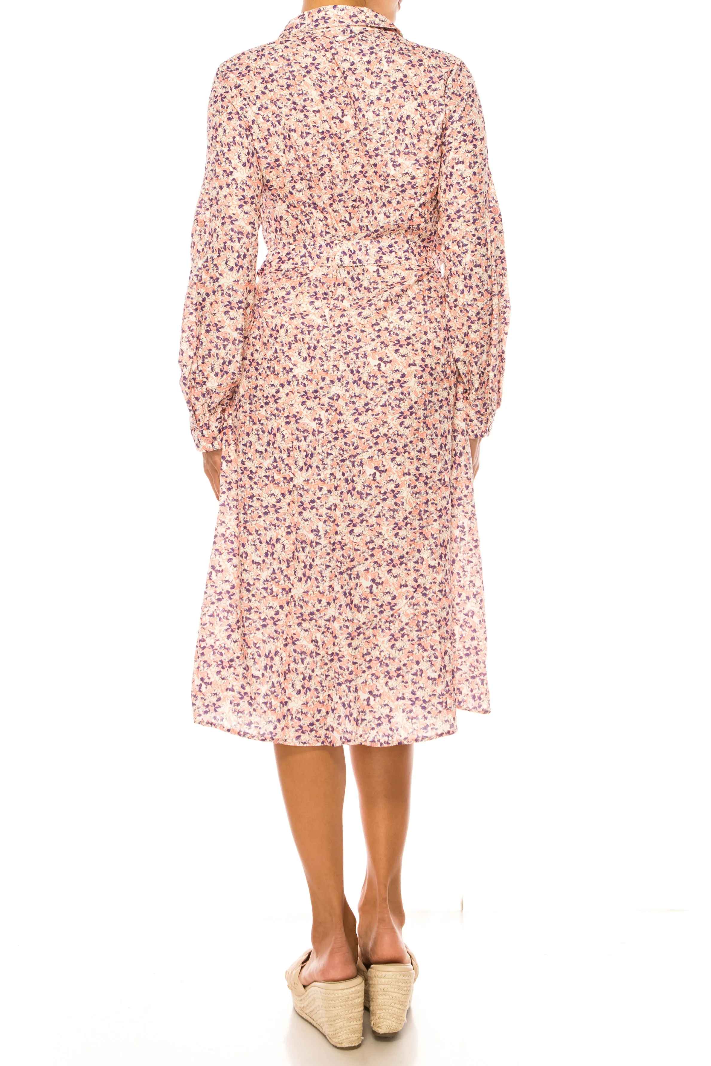 Vivid Long Sleeve Belted Floral Shirt Dress