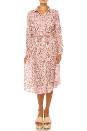 Vivid Long Sleeve Belted Floral Shirt Dress