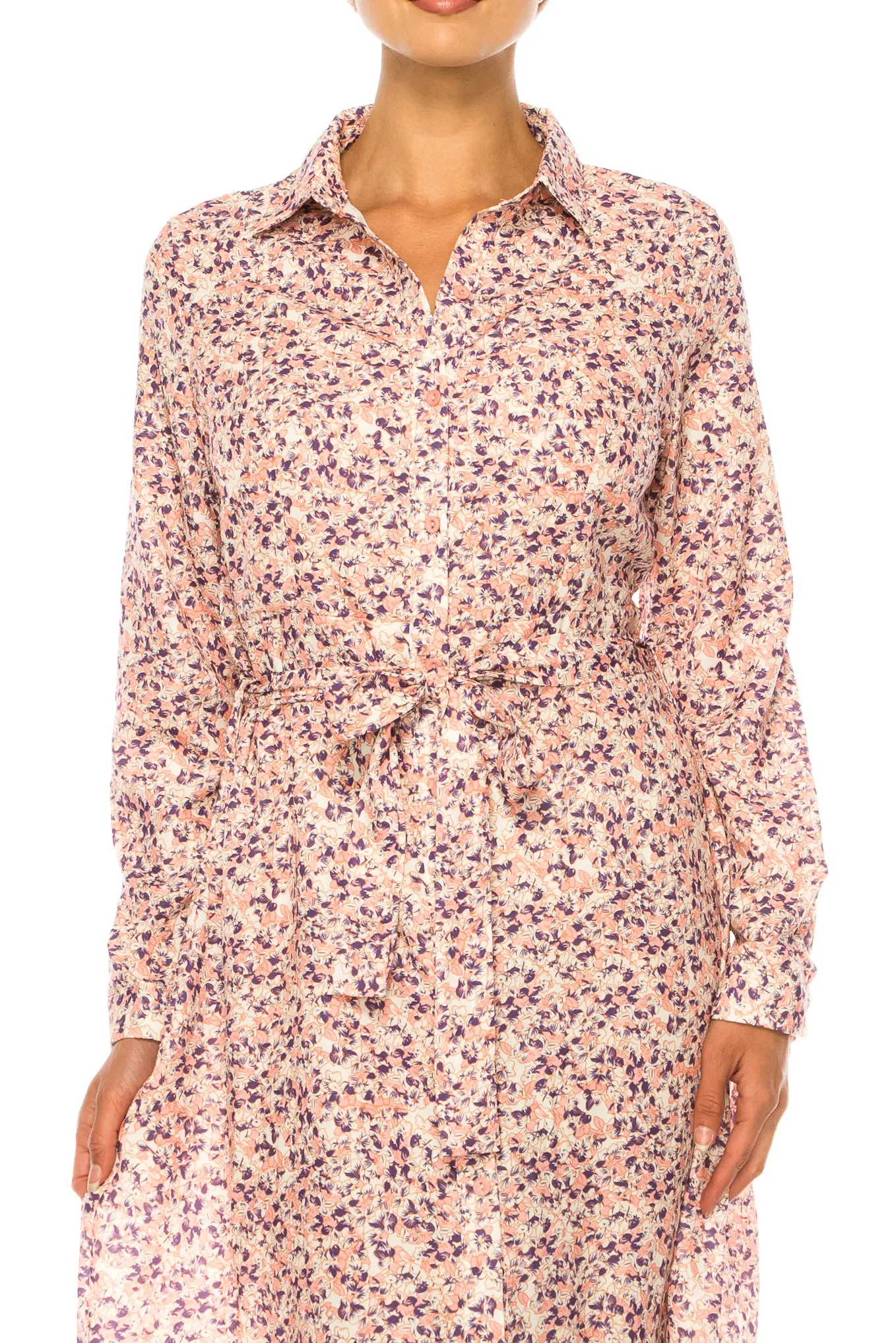 Vivid Long Sleeve Belted Floral Shirt Dress