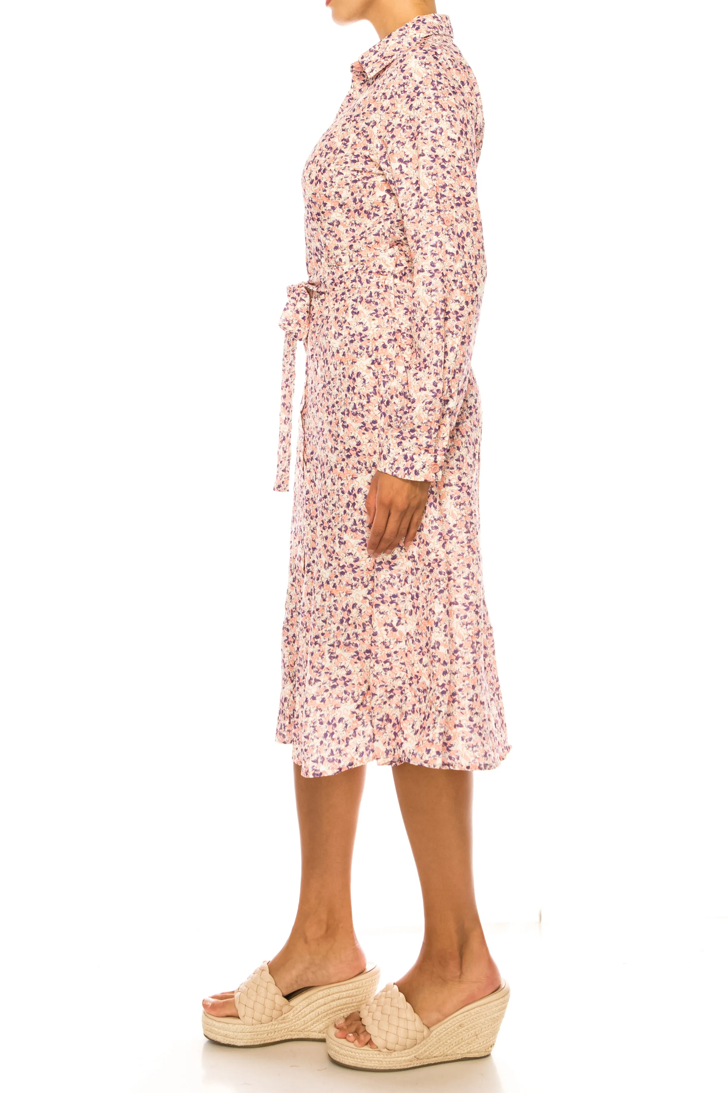 Vivid Long Sleeve Belted Floral Shirt Dress