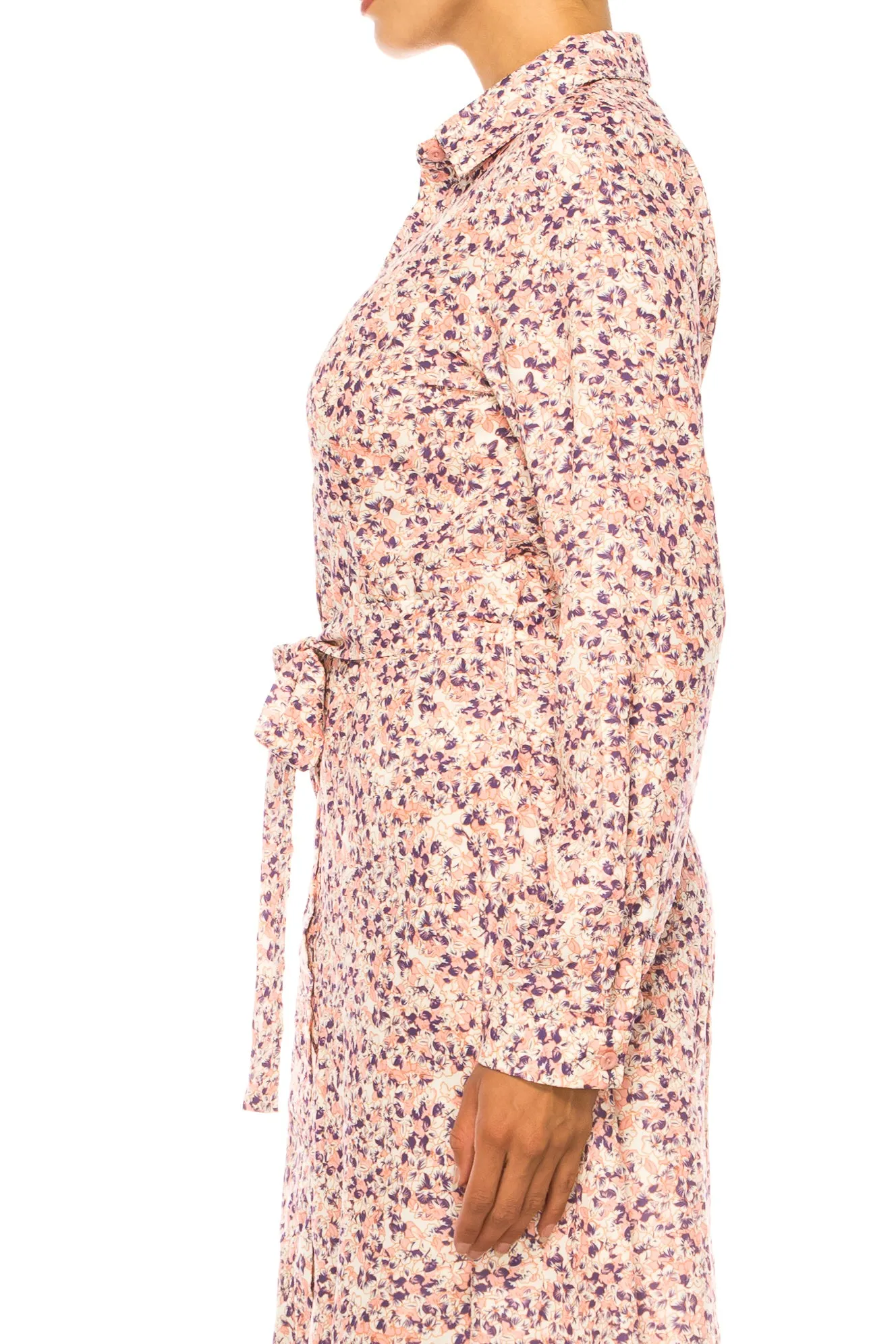 Vivid Long Sleeve Belted Floral Shirt Dress