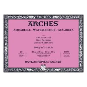 Watercolour Paper - BLOCK - ARCHES Aquarelle -  SATINE (HOT PRESSED / SMOOTH)  140 lb/ 300 gsm WHITE  26 x 36 cm, 10 x 14",