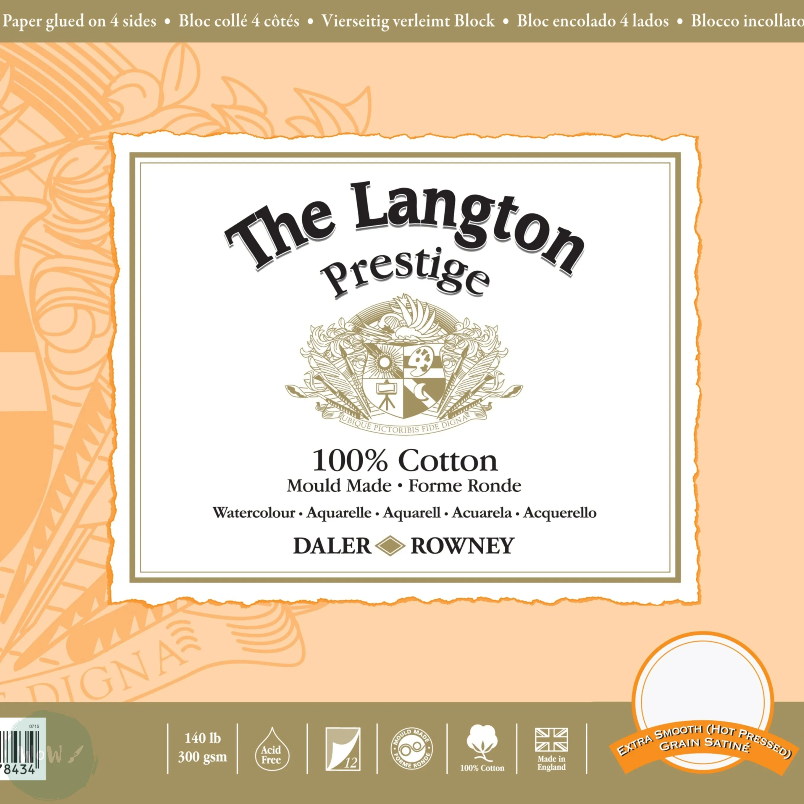 Watercolour Paper - BLOCK - Daler Rowney - Langton PRESTIGE - HOT PRESSED Surface - 140lb (300gsm) -   12 x 9"