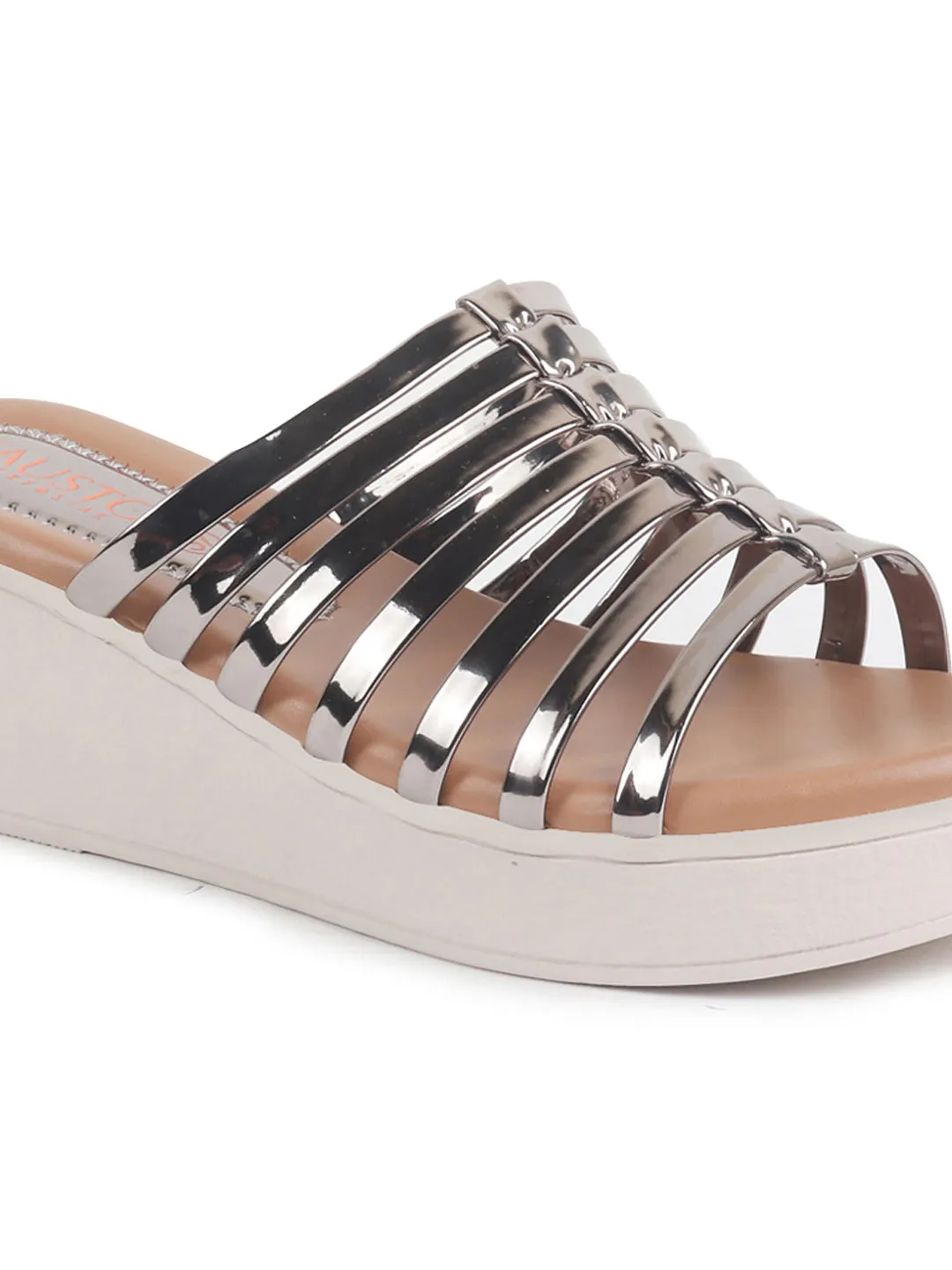 Women Pink Shiny Open Toe Multi Strap Wedge Heel Height Enhancer Ethnic Sandals|Slippers for Wedding|Festive|Occasion