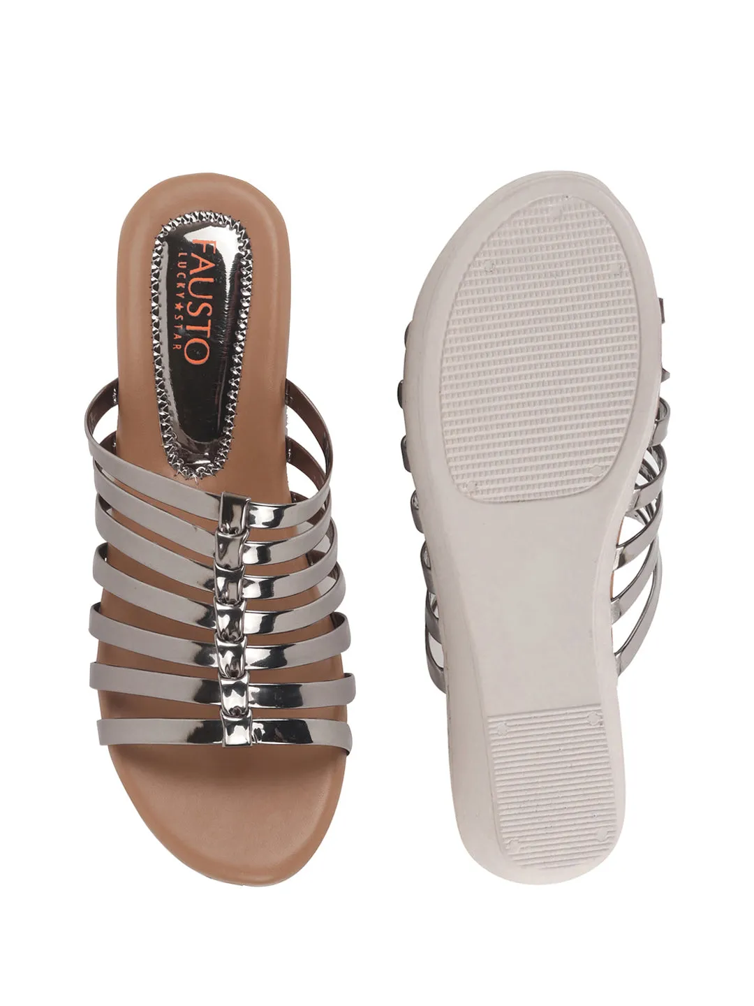 Women Pink Shiny Open Toe Multi Strap Wedge Heel Height Enhancer Ethnic Sandals|Slippers for Wedding|Festive|Occasion