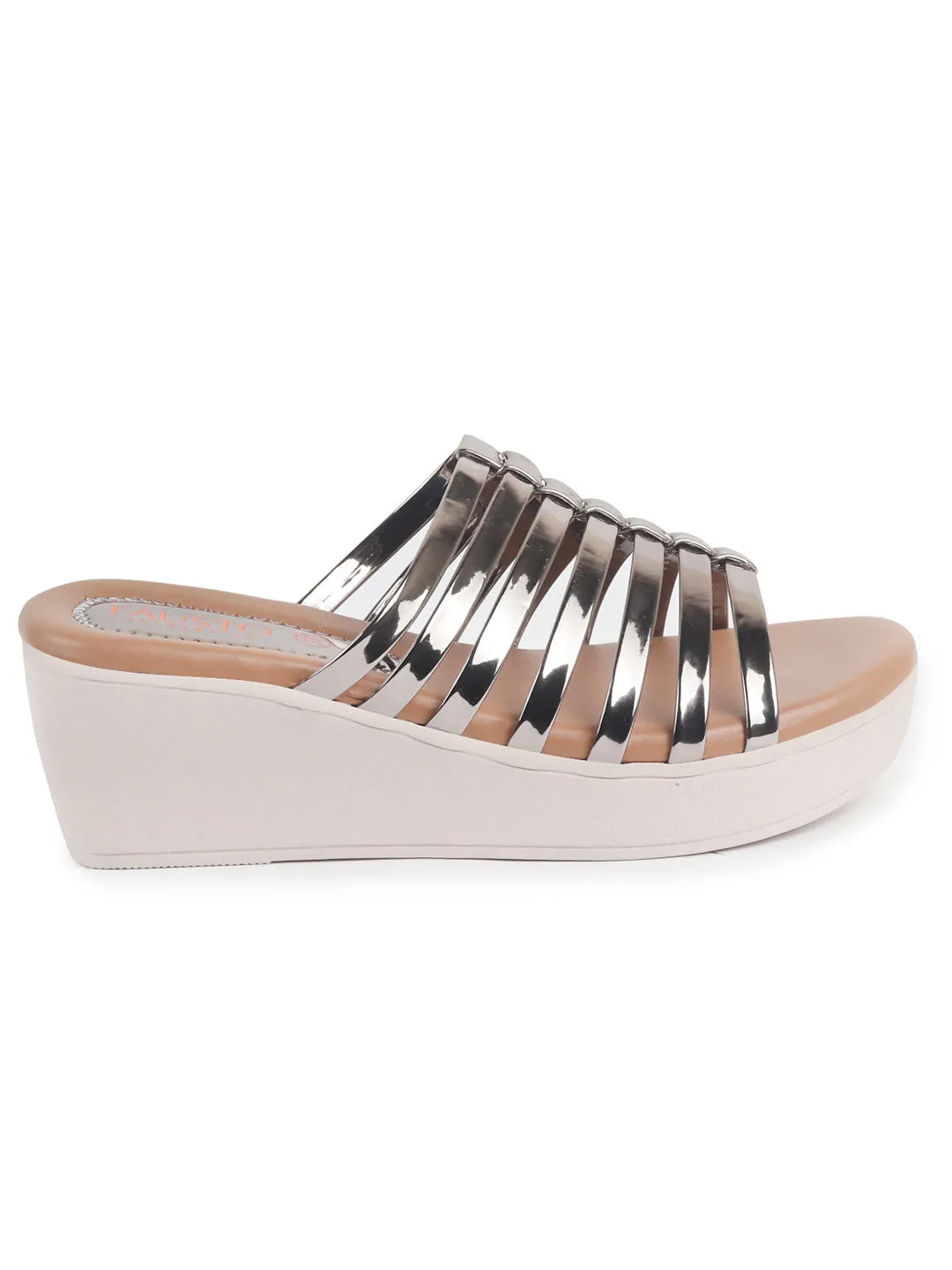 Women Pink Shiny Open Toe Multi Strap Wedge Heel Height Enhancer Ethnic Sandals|Slippers for Wedding|Festive|Occasion